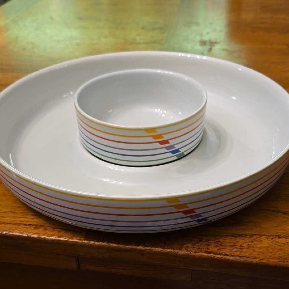 Colorful Striped Serving Platter With Center Dip Bowl